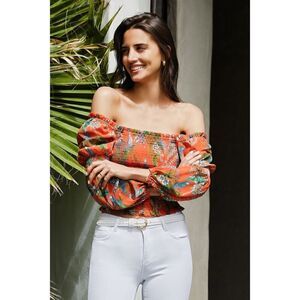 L'AGENCE Cece Smocked Top In Orange Multi Parrot